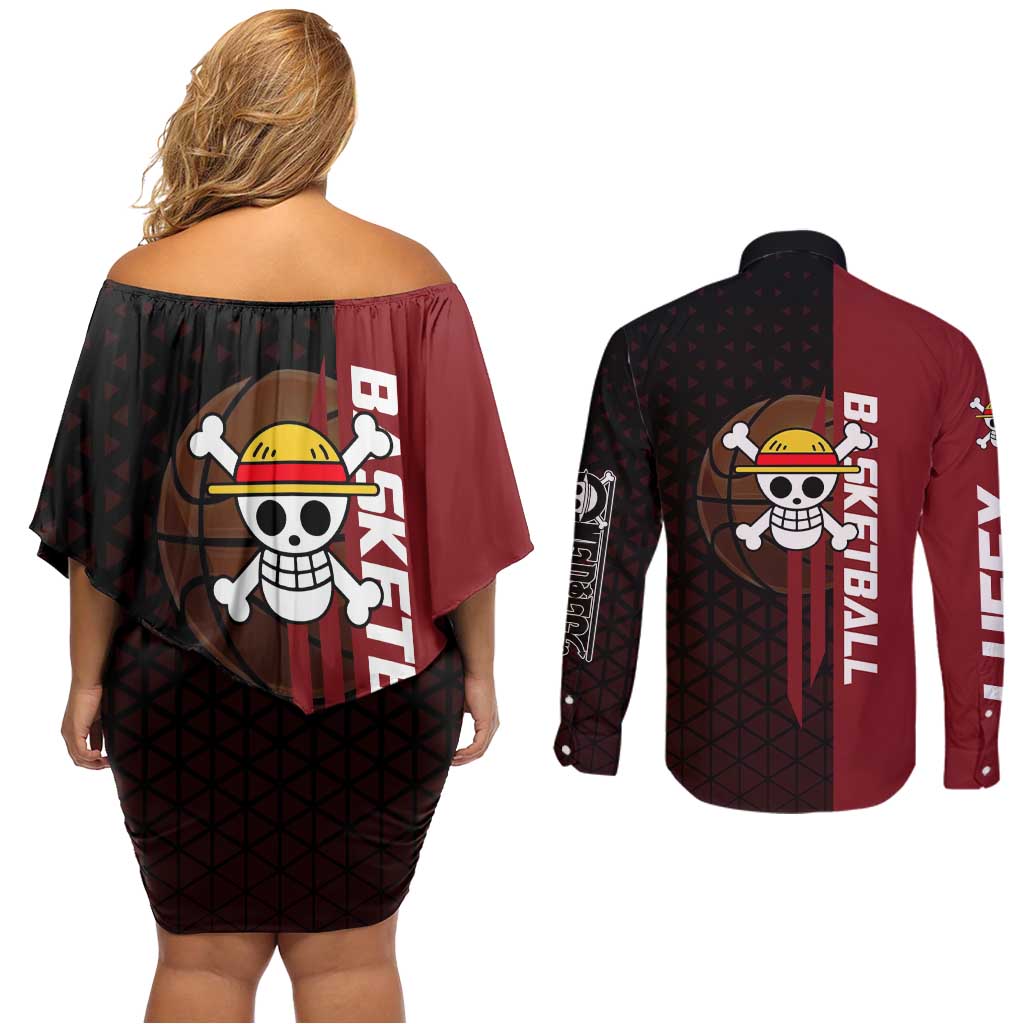 Luffy One Piece Basketball Theme Red and Black Design Couples Matching Off Shoulder Short Dress and Long Sleeve Button Shirt with Straw Hat Pirate Logo and Sports Pose - The Mazicc