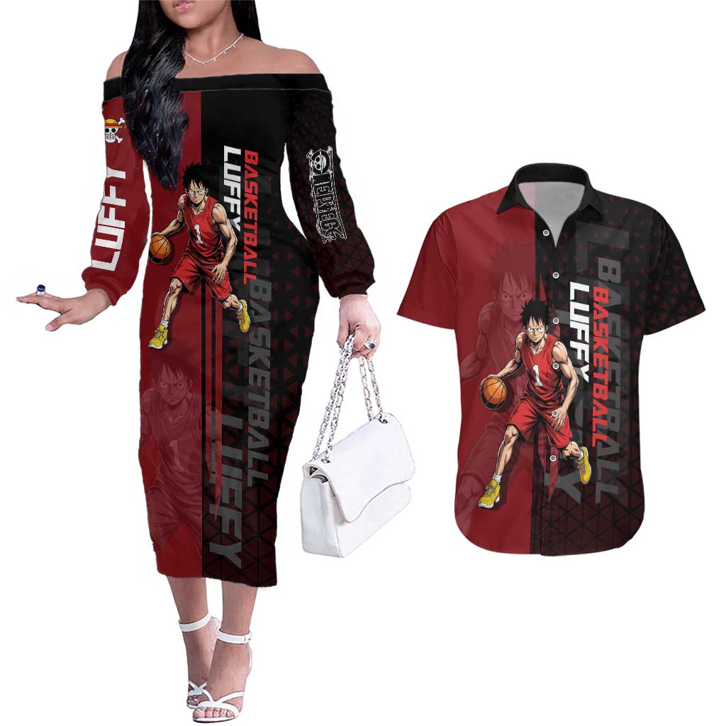Luffy One Piece Basketball Theme Red and Black Design Couples Matching Off The Shoulder Long Sleeve Dress and Hawaiian Shirt with Straw Hat Pirate Logo and Sports Pose - The Mazicc