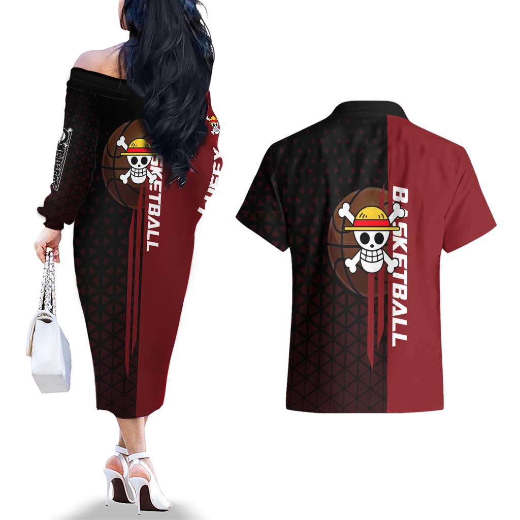 Luffy One Piece Basketball Theme Red and Black Design Couples Matching Off The Shoulder Long Sleeve Dress and Hawaiian Shirt with Straw Hat Pirate Logo and Sports Pose - The Mazicc