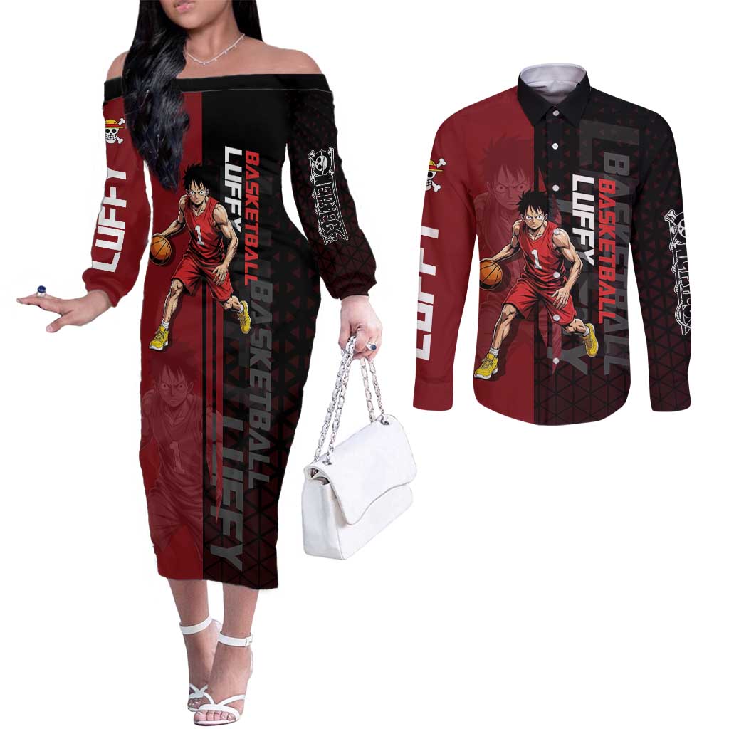 Luffy One Piece Basketball Theme Red and Black Design Couples Matching Off The Shoulder Long Sleeve Dress and Long Sleeve Button Shirt with Straw Hat Pirate Logo and Sports Pose - The Mazicc