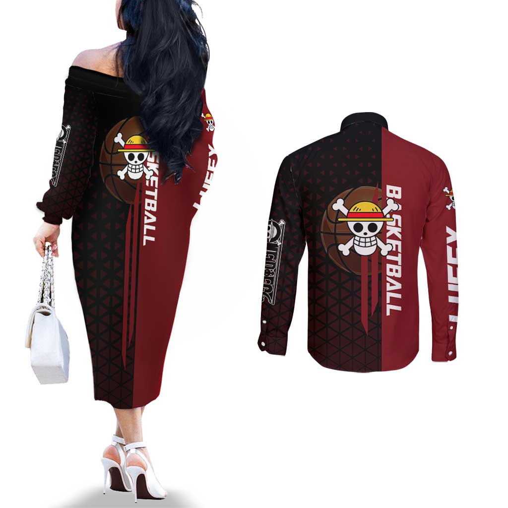 Luffy One Piece Basketball Theme Red and Black Design Couples Matching Off The Shoulder Long Sleeve Dress and Long Sleeve Button Shirt with Straw Hat Pirate Logo and Sports Pose - The Mazicc