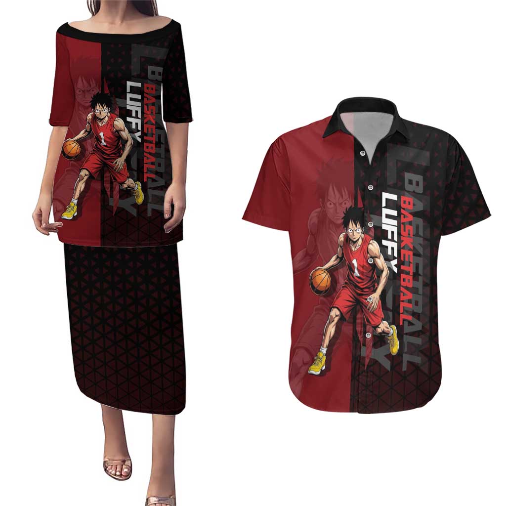Luffy One Piece Basketball Theme Red and Black Design Couples Matching Puletasi and Hawaiian Shirt with Straw Hat Pirate Logo and Sports Pose - The Mazicc