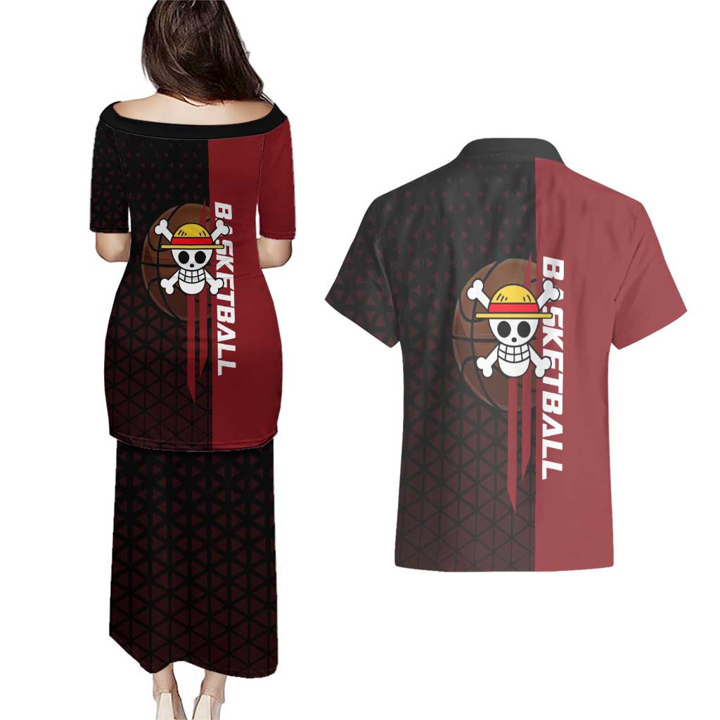 Luffy One Piece Basketball Theme Red and Black Design Couples Matching Puletasi and Hawaiian Shirt with Straw Hat Pirate Logo and Sports Pose - The Mazicc