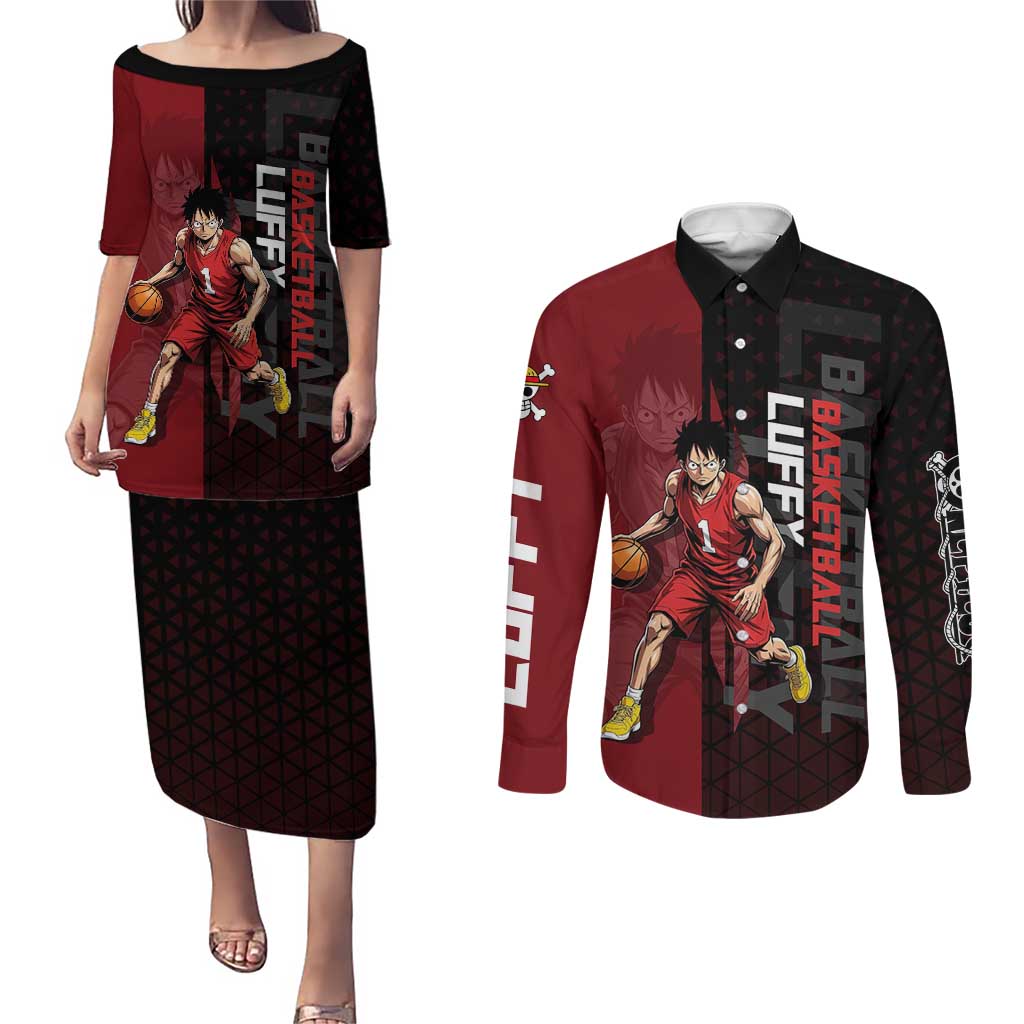 Luffy One Piece Basketball Theme Red and Black Design Couples Matching Puletasi and Long Sleeve Button Shirt with Straw Hat Pirate Logo and Sports Pose - The Mazicc