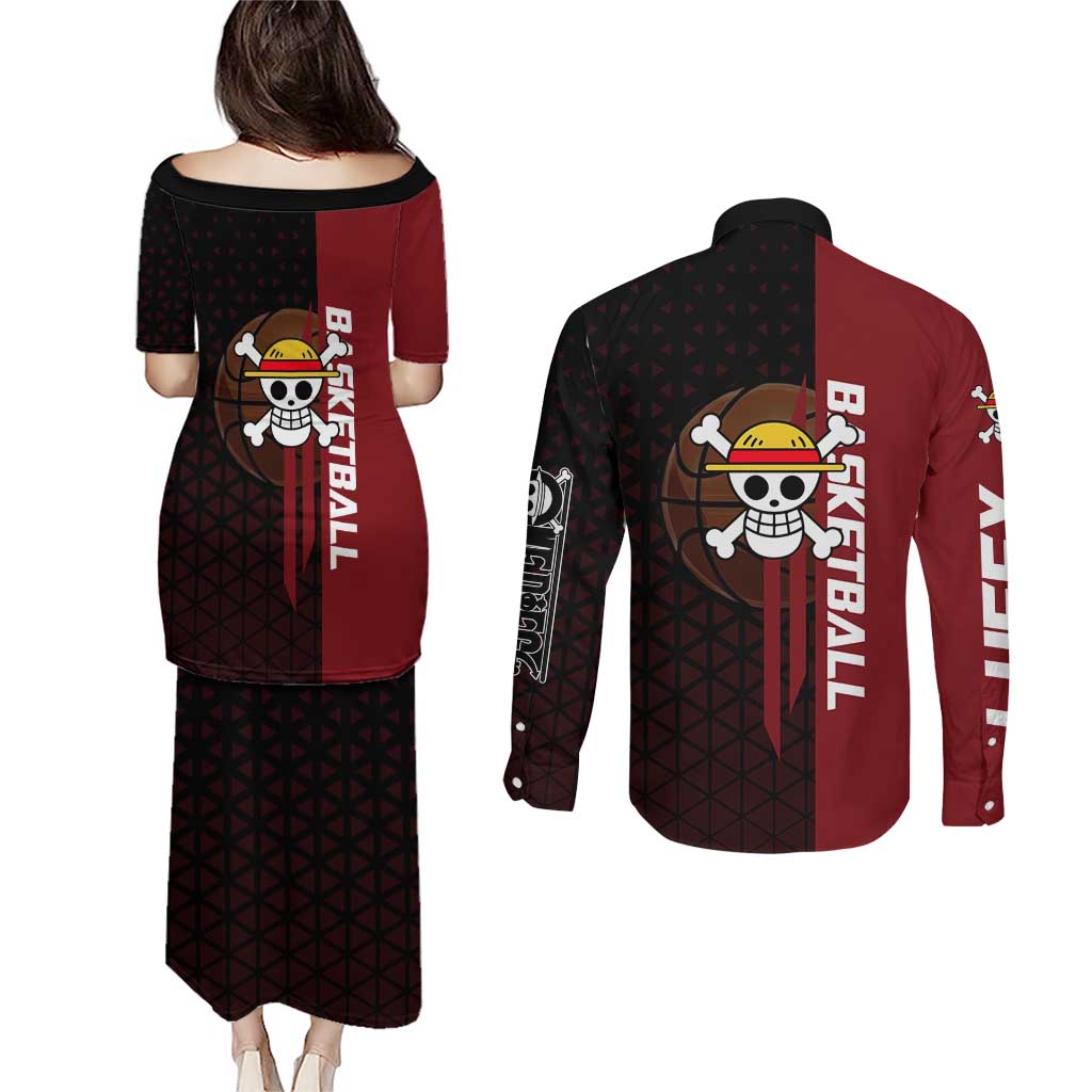 Luffy One Piece Basketball Theme Red and Black Design Couples Matching Puletasi and Long Sleeve Button Shirt with Straw Hat Pirate Logo and Sports Pose - The Mazicc