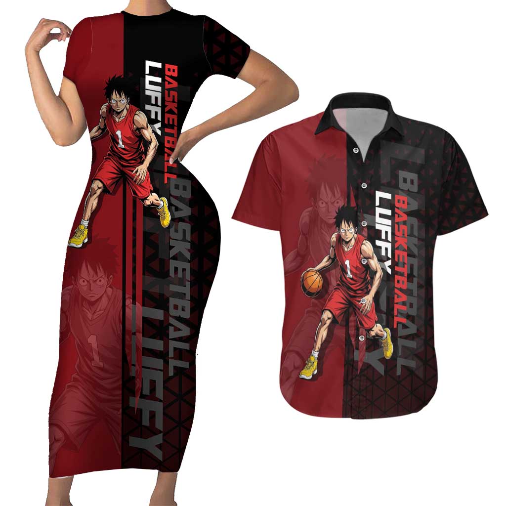 Luffy One Piece Basketball Theme Red and Black Design Couples Matching Short Sleeve Bodycon Dress and Hawaiian Shirt with Straw Hat Pirate Logo and Sports Pose - The Mazicc