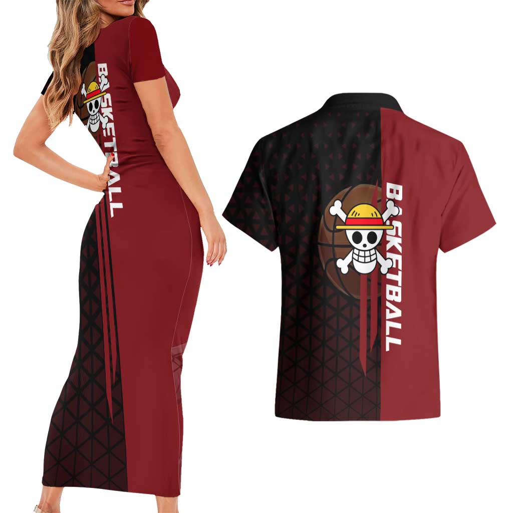 Luffy One Piece Basketball Theme Red and Black Design Couples Matching Short Sleeve Bodycon Dress and Hawaiian Shirt with Straw Hat Pirate Logo and Sports Pose - The Mazicc