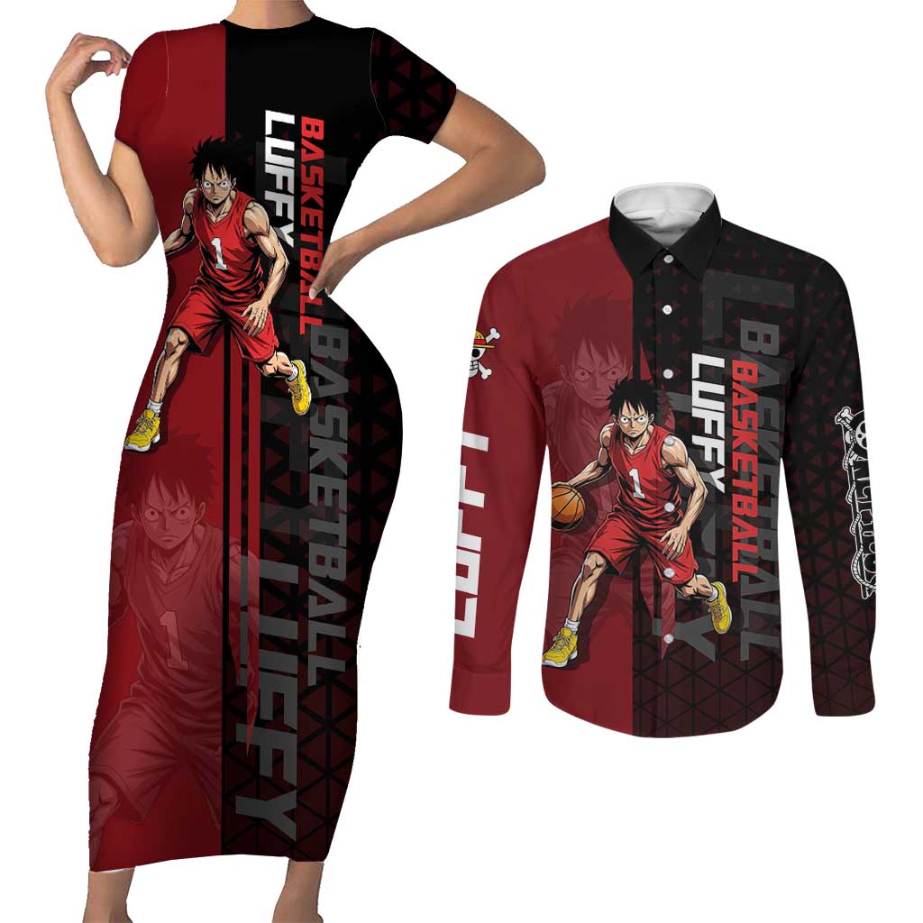 Luffy One Piece Basketball Theme Red and Black Design Couples Matching Short Sleeve Bodycon Dress and Long Sleeve Button Shirt with Straw Hat Pirate Logo and Sports Pose - The Mazicc