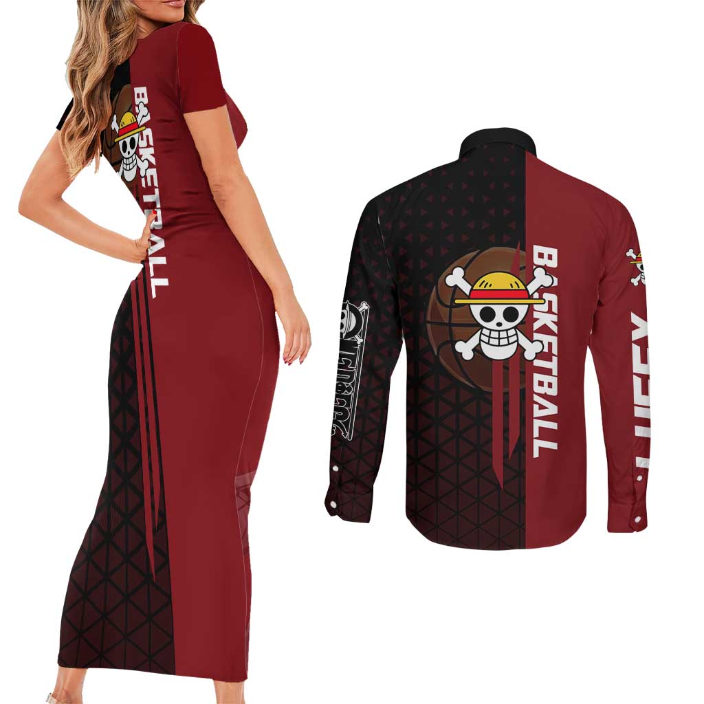 Luffy One Piece Basketball Theme Red and Black Design Couples Matching Short Sleeve Bodycon Dress and Long Sleeve Button Shirt with Straw Hat Pirate Logo and Sports Pose - The Mazicc