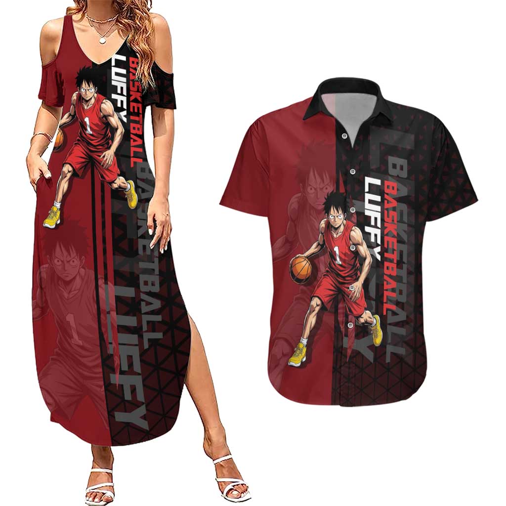 Luffy One Piece Basketball Theme Red and Black Design Couples Matching Summer Maxi Dress and Hawaiian Shirt with Straw Hat Pirate Logo and Sports Pose - The Mazicc
