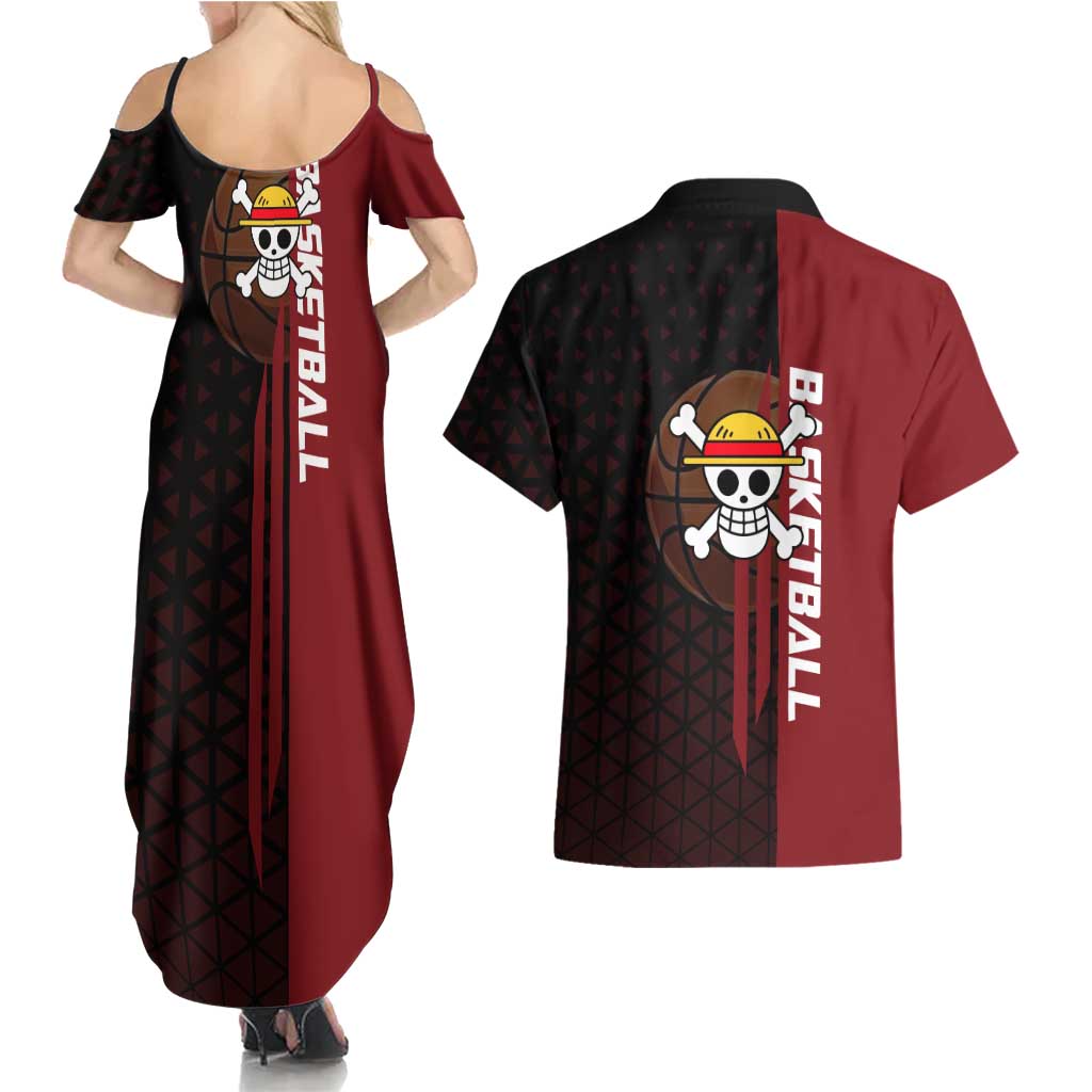Luffy One Piece Basketball Theme Red and Black Design Couples Matching Summer Maxi Dress and Hawaiian Shirt with Straw Hat Pirate Logo and Sports Pose - The Mazicc