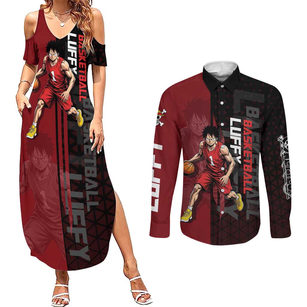 Luffy One Piece Basketball Theme Red and Black Design Couples Matching Summer Maxi Dress and Long Sleeve Button Shirt with Straw Hat Pirate Logo and Sports Pose - The Mazicc