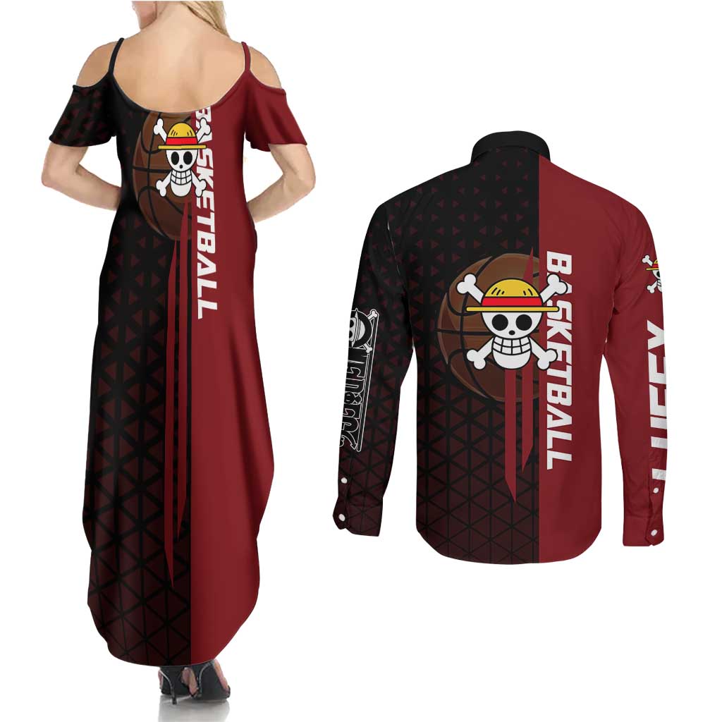 Luffy One Piece Basketball Theme Red and Black Design Couples Matching Summer Maxi Dress and Long Sleeve Button Shirt with Straw Hat Pirate Logo and Sports Pose - The Mazicc