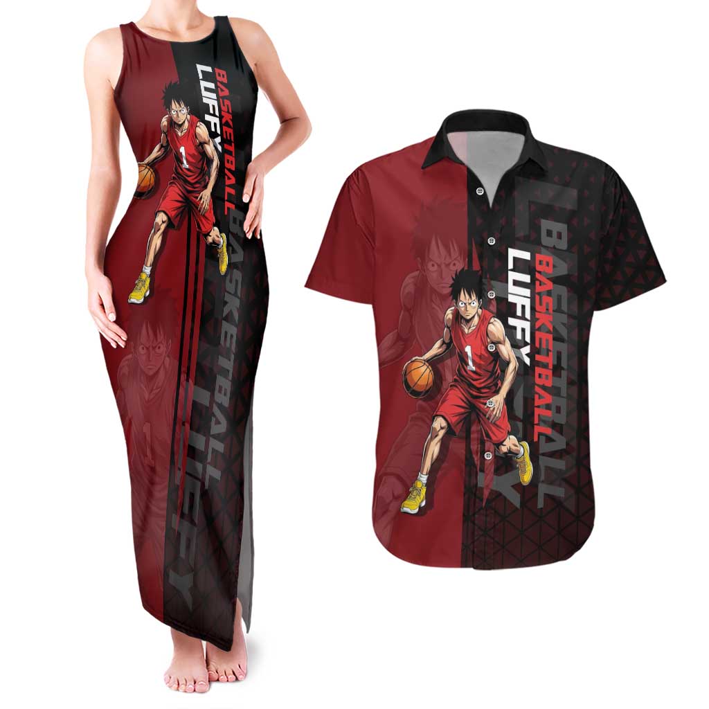 Luffy One Piece Basketball Theme Red and Black Design Couples Matching Tank Maxi Dress and Hawaiian Shirt with Straw Hat Pirate Logo and Sports Pose - The Mazicc