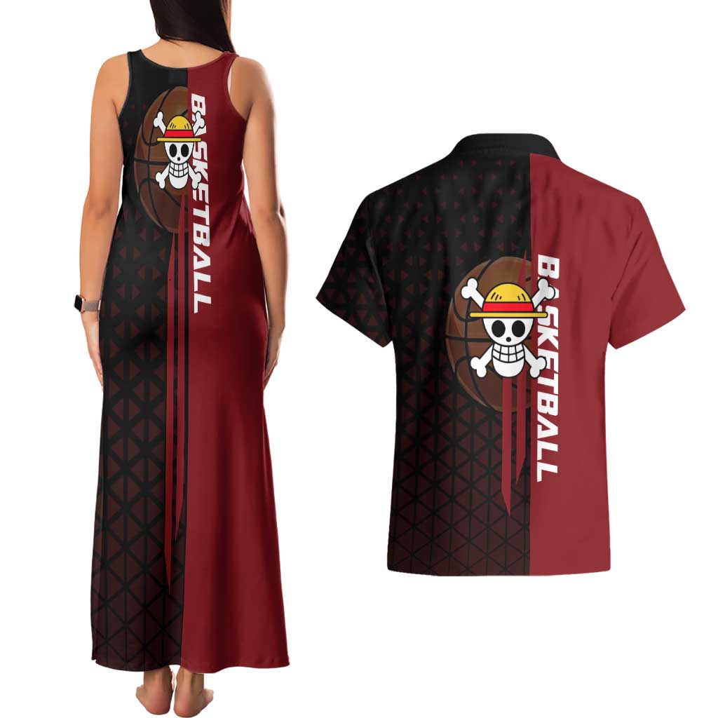Luffy One Piece Basketball Theme Red and Black Design Couples Matching Tank Maxi Dress and Hawaiian Shirt with Straw Hat Pirate Logo and Sports Pose - The Mazicc