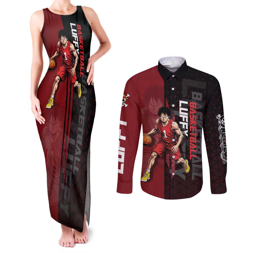 Luffy One Piece Basketball Theme Red and Black Design Couples Matching Tank Maxi Dress and Long Sleeve Button Shirt with Straw Hat Pirate Logo and Sports Pose - The Mazicc