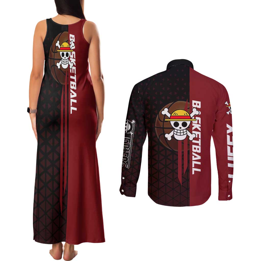 Luffy One Piece Basketball Theme Red and Black Design Couples Matching Tank Maxi Dress and Long Sleeve Button Shirt with Straw Hat Pirate Logo and Sports Pose - The Mazicc