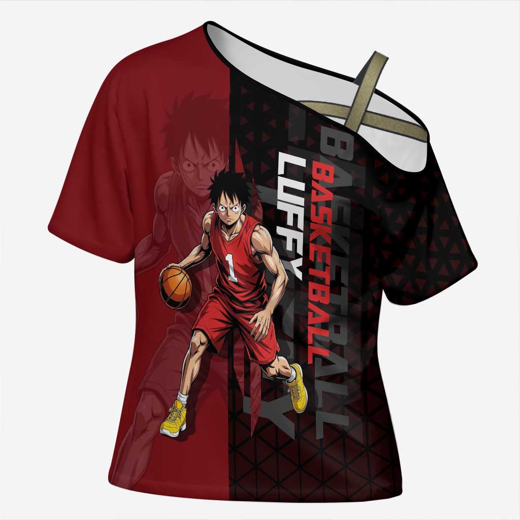 Luffy One Piece Basketball Theme Red and Black Design Cross Shoulder Shirt with Straw Hat Pirate Logo and Sports Pose - The Mazicc
