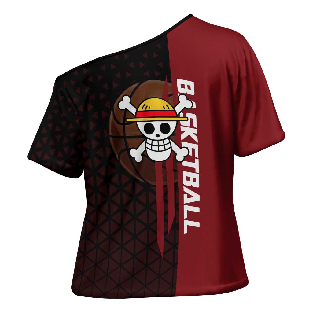 Luffy One Piece Basketball Theme Red and Black Design Cross Shoulder Shirt with Straw Hat Pirate Logo and Sports Pose - The Mazicc