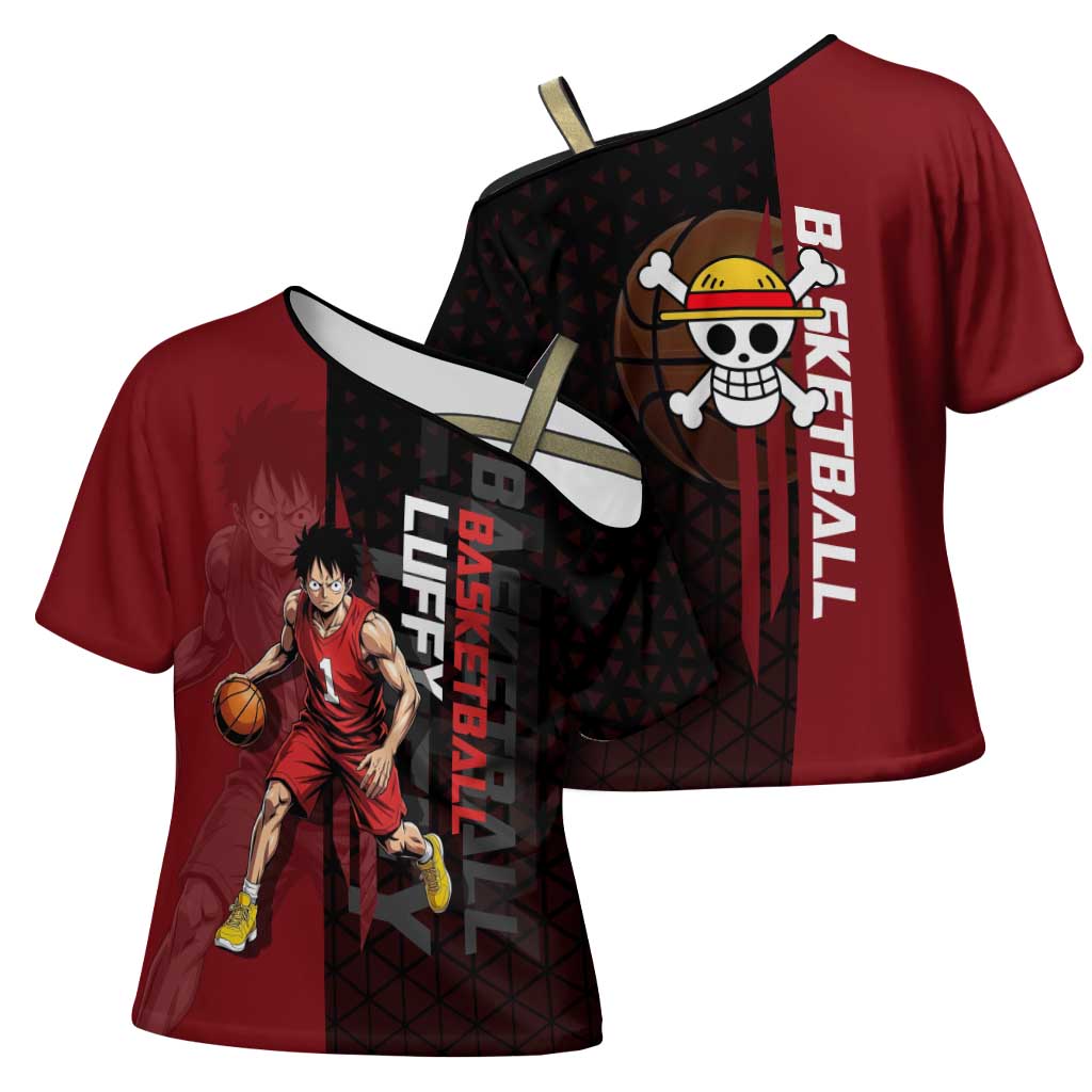 Luffy One Piece Basketball Theme Red and Black Design Cross Shoulder Shirt with Straw Hat Pirate Logo and Sports Pose - The Mazicc