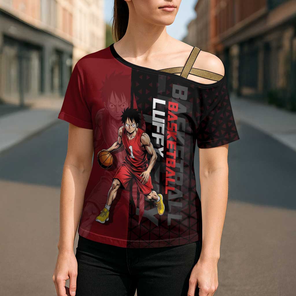 Luffy One Piece Basketball Theme Red and Black Design Cross Shoulder Shirt with Straw Hat Pirate Logo and Sports Pose - The Mazicc