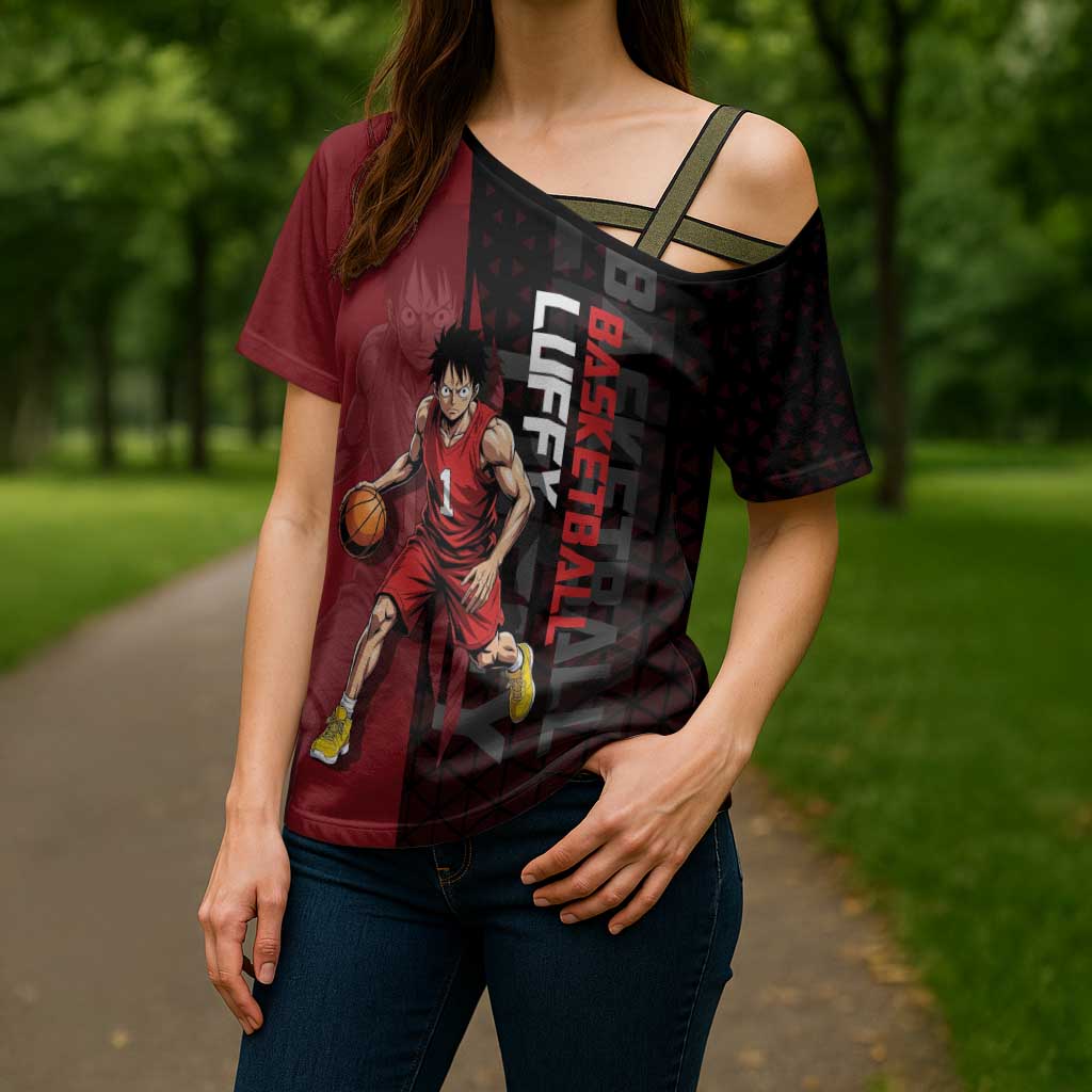 Luffy One Piece Basketball Theme Red and Black Design Cross Shoulder Shirt with Straw Hat Pirate Logo and Sports Pose - The Mazicc