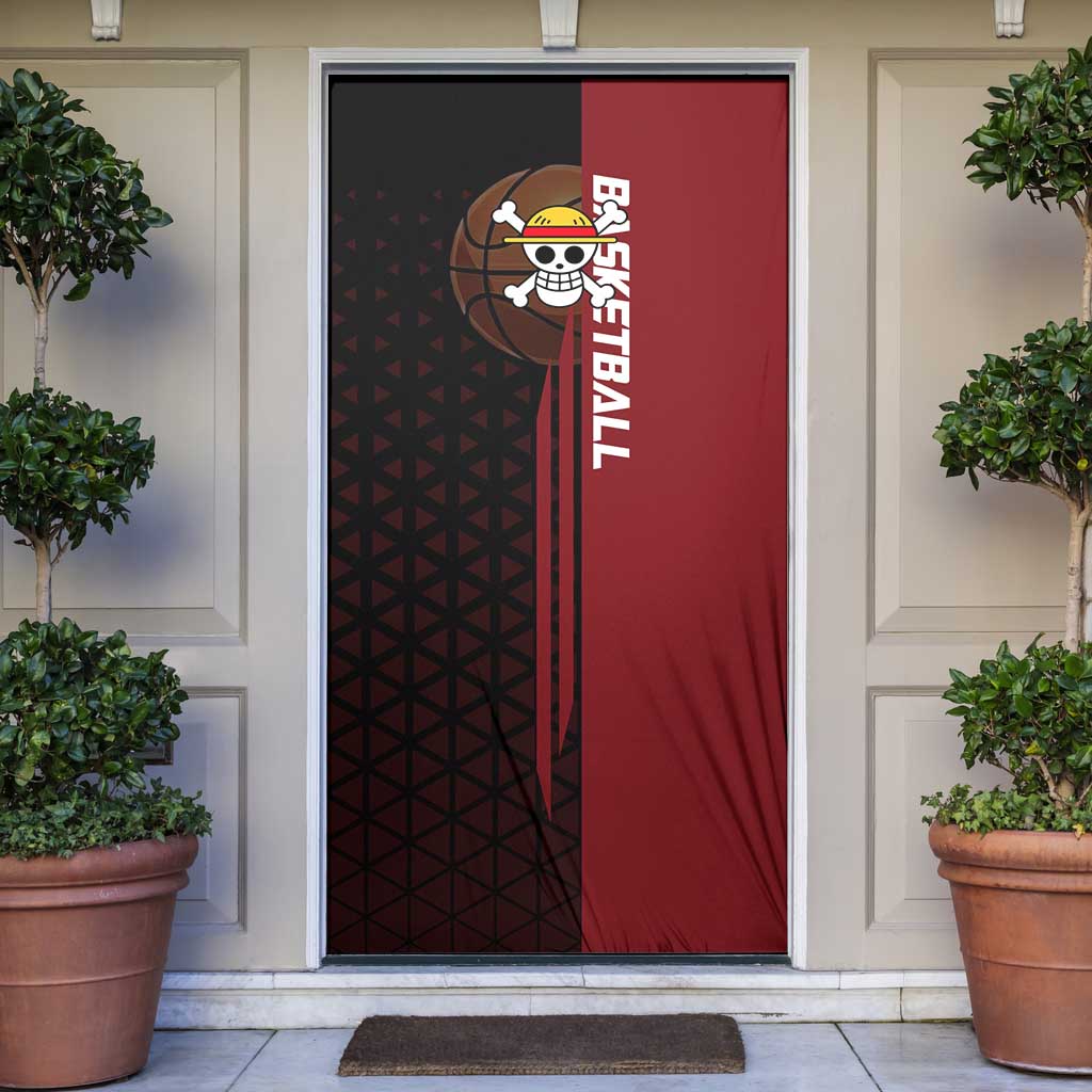 Luffy One Piece Basketball Theme Red and Black Design Door Cover with Straw Hat Pirate Logo and Sports Pose - The Mazicc
