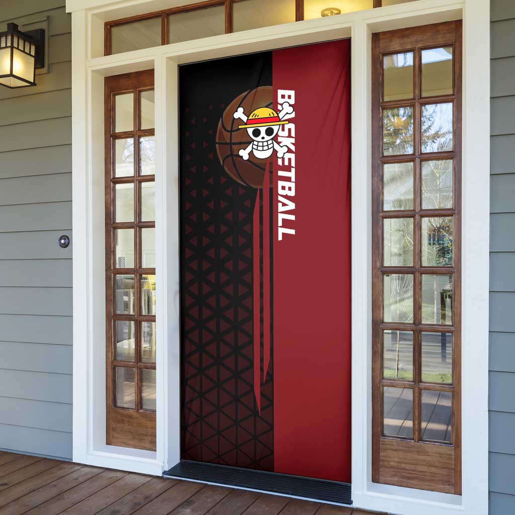 Luffy One Piece Basketball Theme Red and Black Design Door Cover with Straw Hat Pirate Logo and Sports Pose - The Mazicc