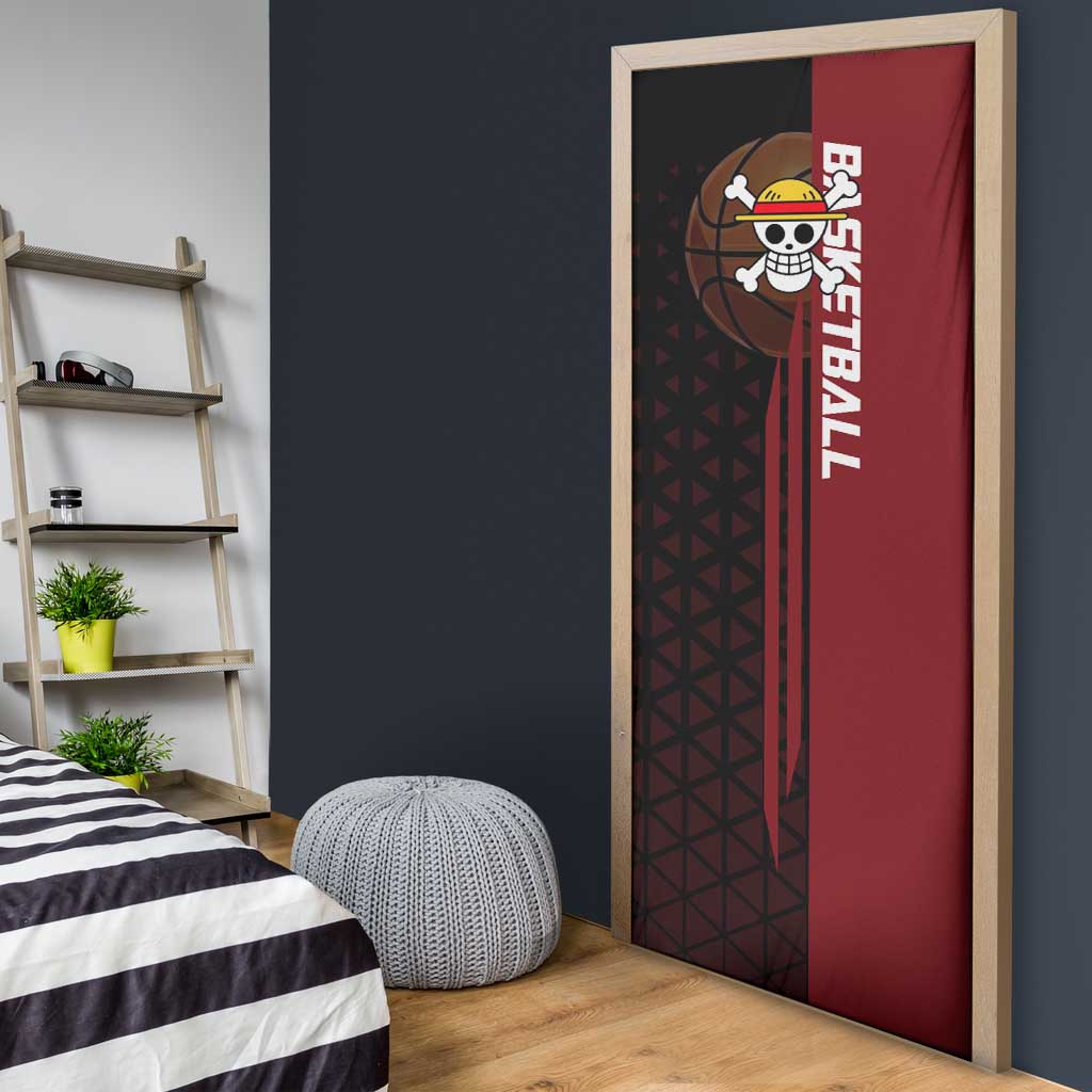 Luffy One Piece Basketball Theme Red and Black Design Door Cover with Straw Hat Pirate Logo and Sports Pose - The Mazicc