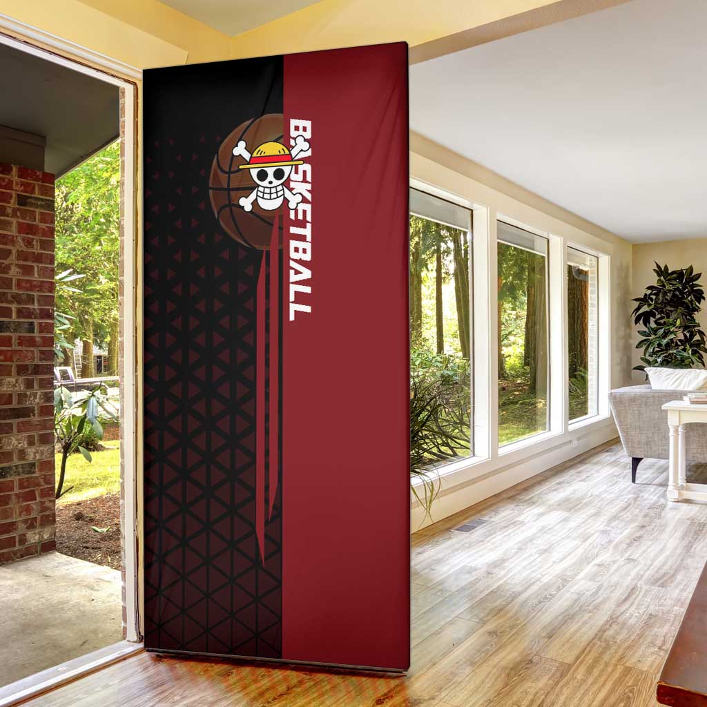Luffy One Piece Basketball Theme Red and Black Design Door Cover with Straw Hat Pirate Logo and Sports Pose - The Mazicc