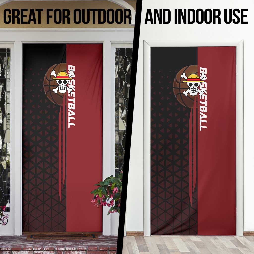 Luffy One Piece Basketball Theme Red and Black Design Door Cover with Straw Hat Pirate Logo and Sports Pose - The Mazicc