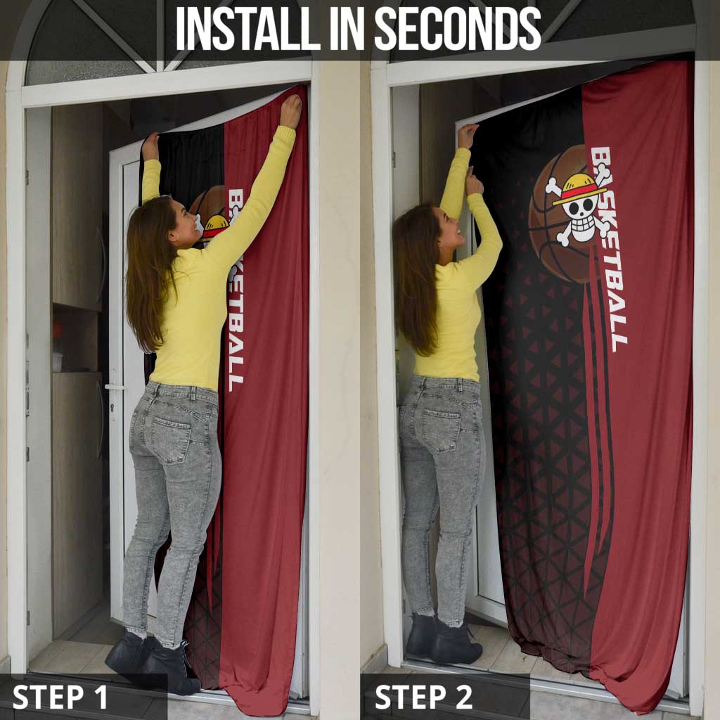 Luffy One Piece Basketball Theme Red and Black Design Door Cover with Straw Hat Pirate Logo and Sports Pose - The Mazicc