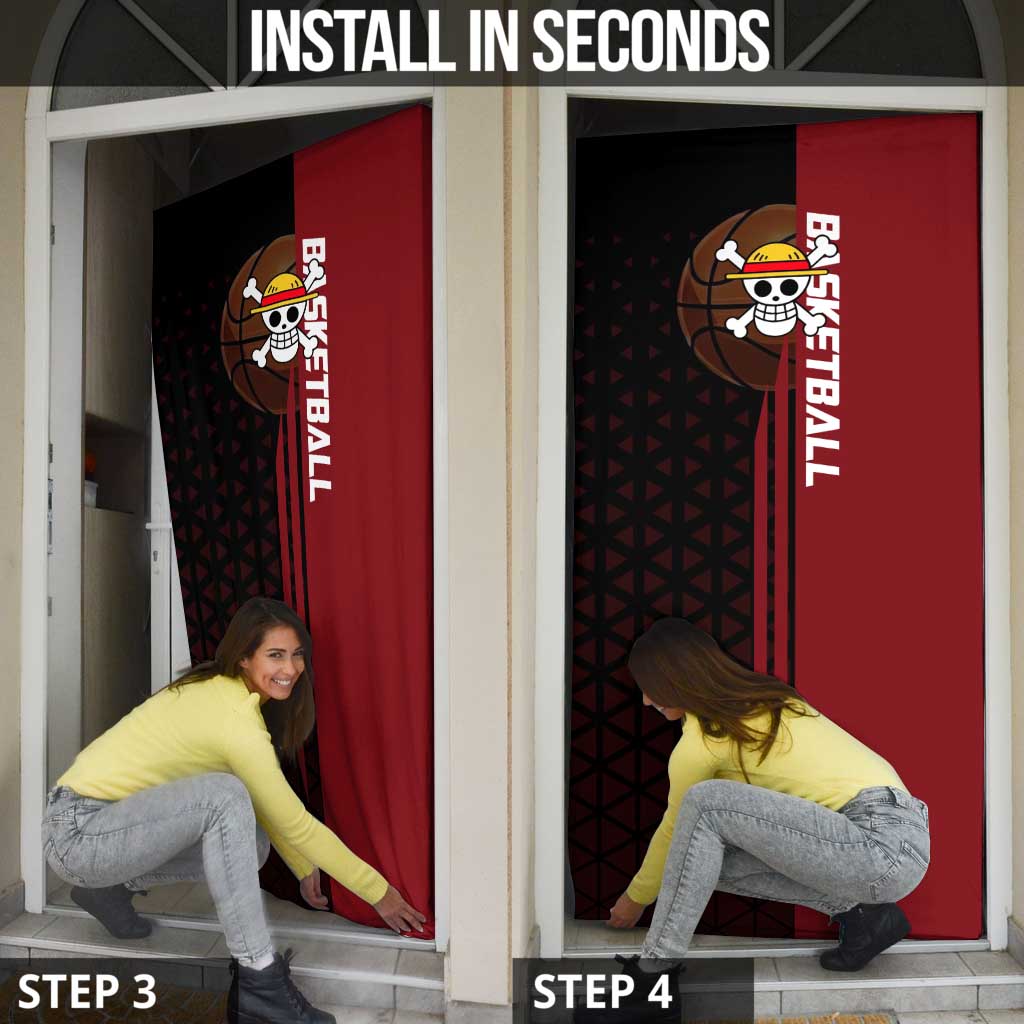 Luffy One Piece Basketball Theme Red and Black Design Door Cover with Straw Hat Pirate Logo and Sports Pose - The Mazicc