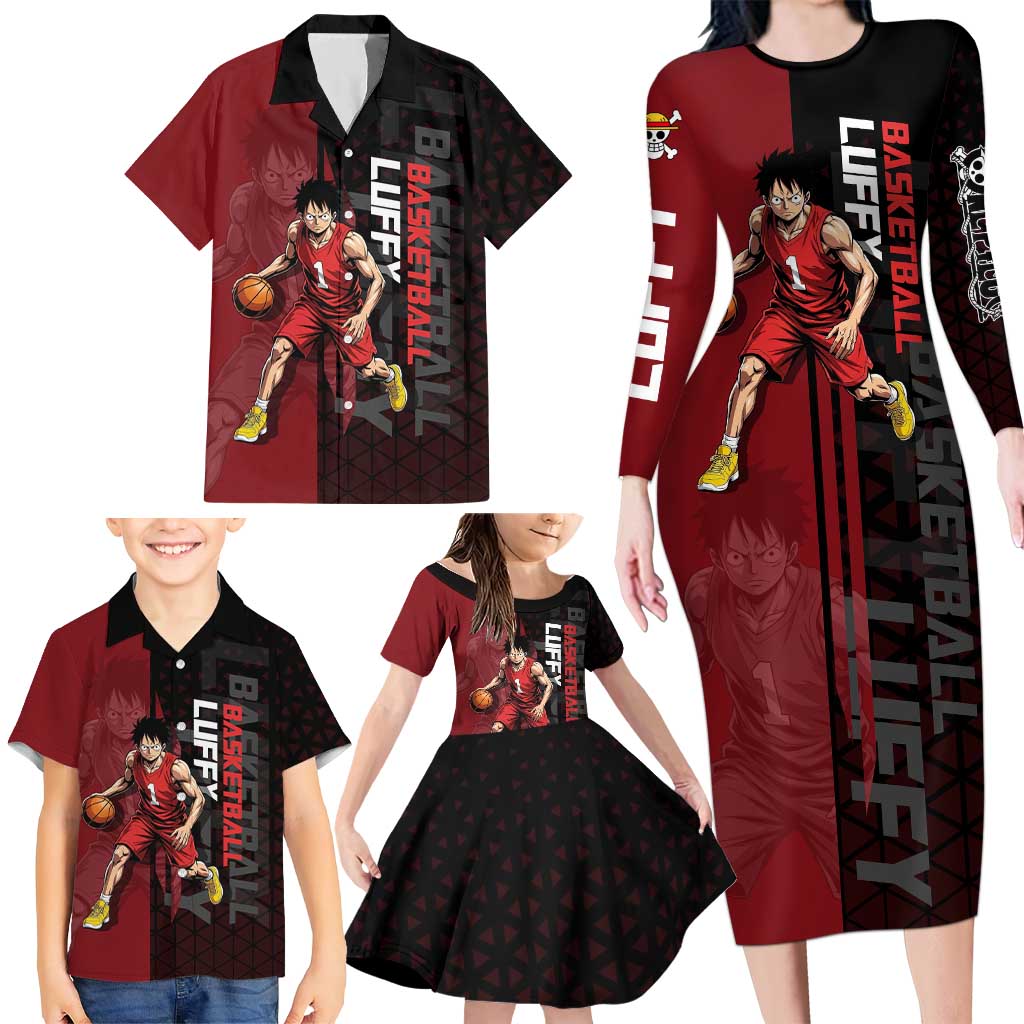 Luffy One Piece Basketball Theme Red and Black Design Family Matching Long Sleeve Bodycon Dress and Hawaiian Shirt with Straw Hat Pirate Logo and Sports Pose