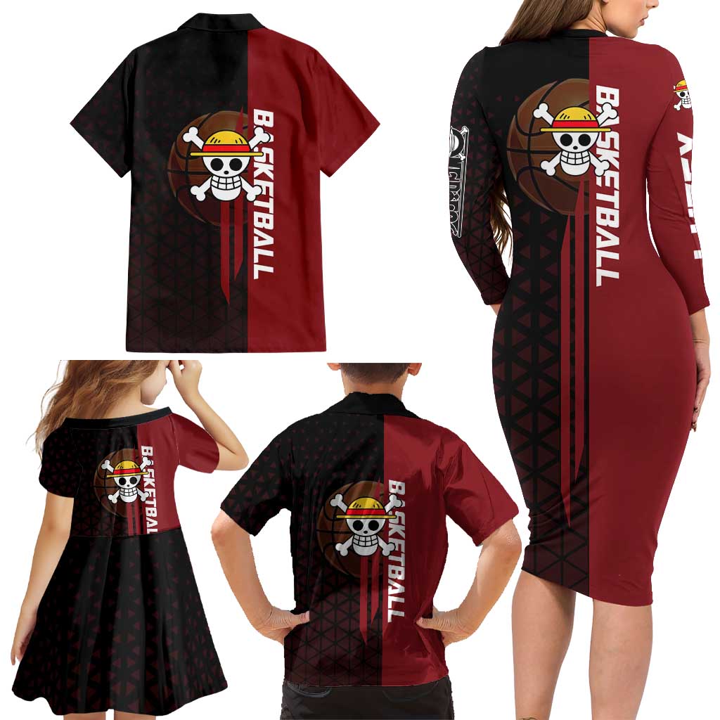 Luffy One Piece Basketball Theme Red and Black Design Family Matching Long Sleeve Bodycon Dress and Hawaiian Shirt with Straw Hat Pirate Logo and Sports Pose