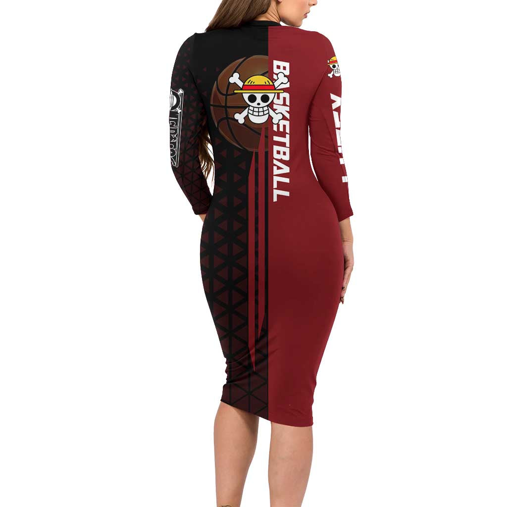 Luffy One Piece Basketball Theme Red and Black Design Family Matching Long Sleeve Bodycon Dress and Hawaiian Shirt with Straw Hat Pirate Logo and Sports Pose