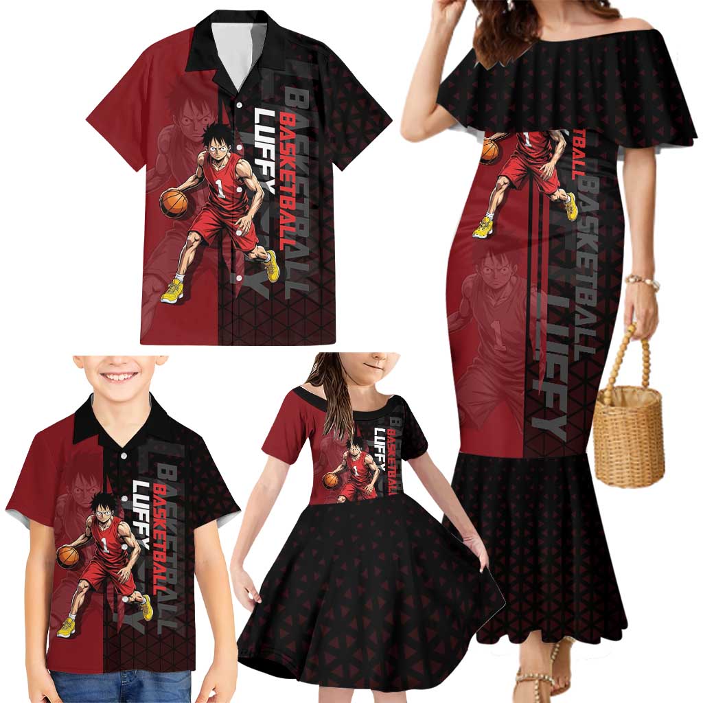 Luffy One Piece Basketball Theme Red and Black Design Family Matching Mermaid Dress and Hawaiian Shirt with Straw Hat Pirate Logo and Sports Pose