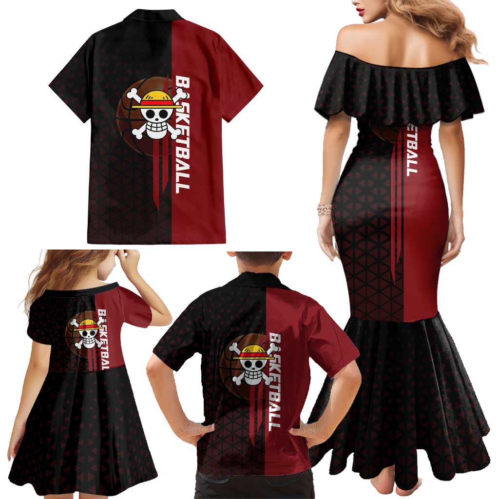 Luffy One Piece Basketball Theme Red and Black Design Family Matching Mermaid Dress and Hawaiian Shirt with Straw Hat Pirate Logo and Sports Pose
