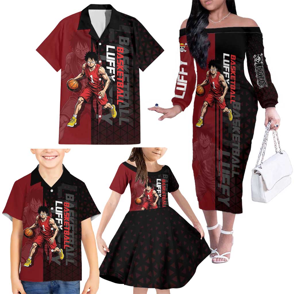 Luffy One Piece Basketball Theme Red and Black Design Family Matching Off The Shoulder Long Sleeve Dress and Hawaiian Shirt with Straw Hat Pirate Logo and Sports Pose
