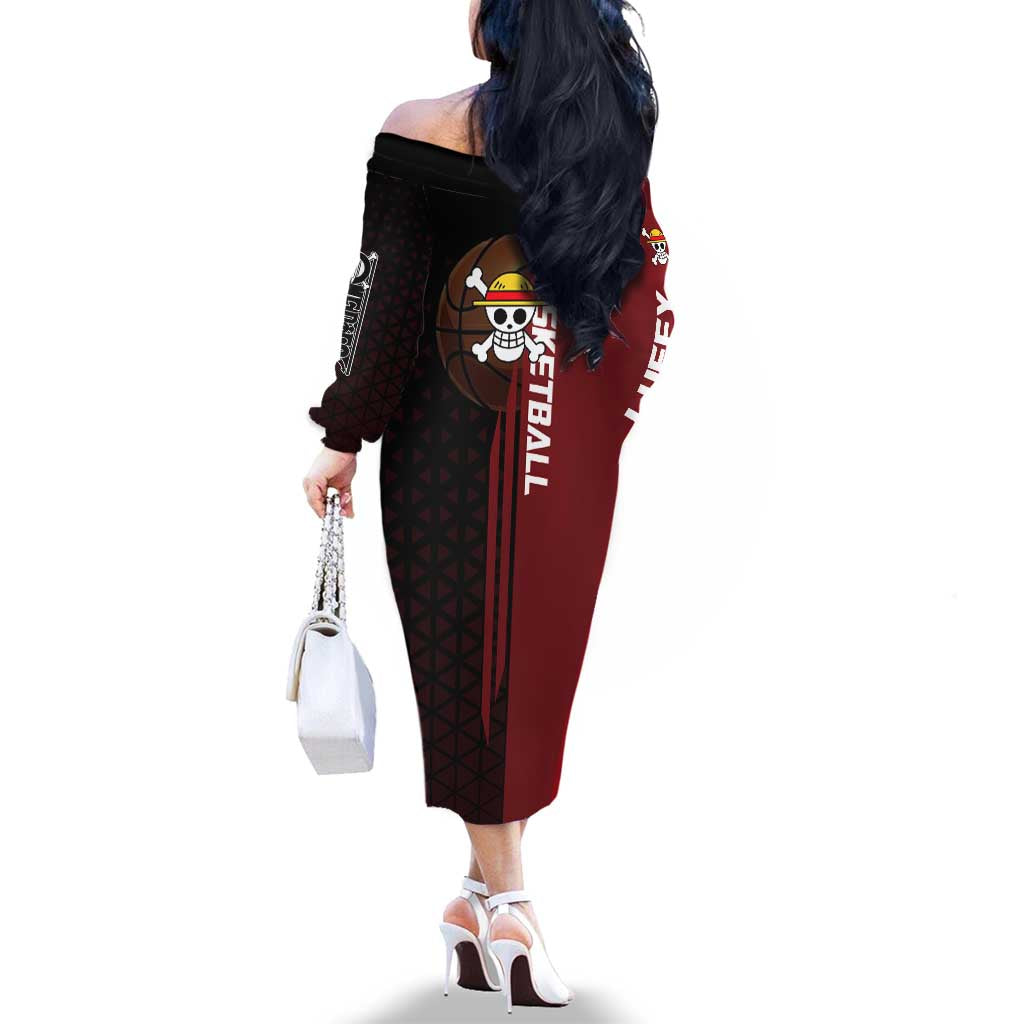 Luffy One Piece Basketball Theme Red and Black Design Family Matching Off The Shoulder Long Sleeve Dress and Hawaiian Shirt with Straw Hat Pirate Logo and Sports Pose