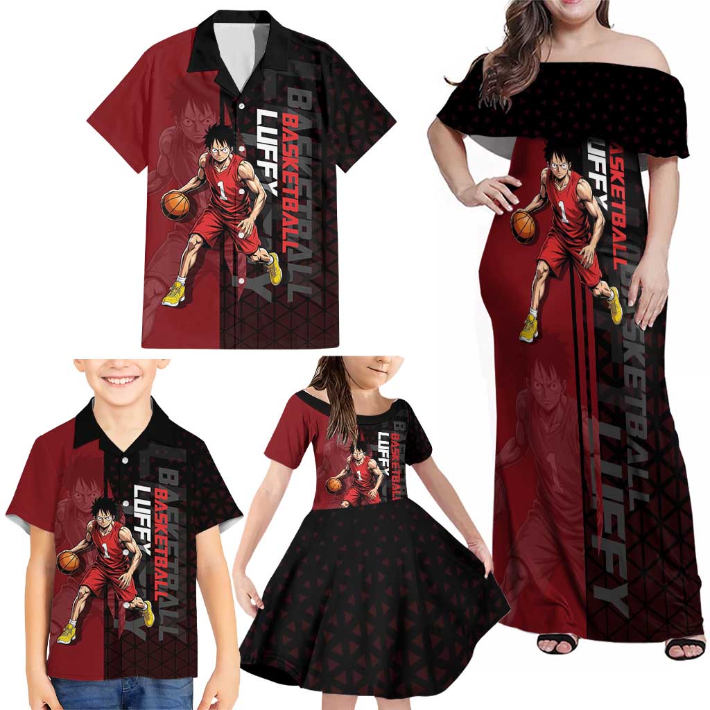 Luffy One Piece Basketball Theme Red and Black Design Family Matching Off Shoulder Maxi Dress and Hawaiian Shirt with Straw Hat Pirate Logo and Sports Pose