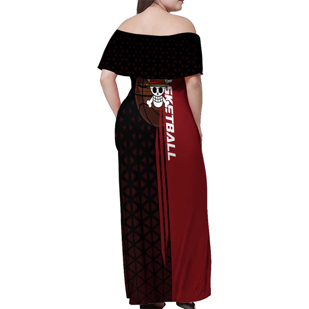 Luffy One Piece Basketball Theme Red and Black Design Family Matching Off Shoulder Maxi Dress and Hawaiian Shirt with Straw Hat Pirate Logo and Sports Pose
