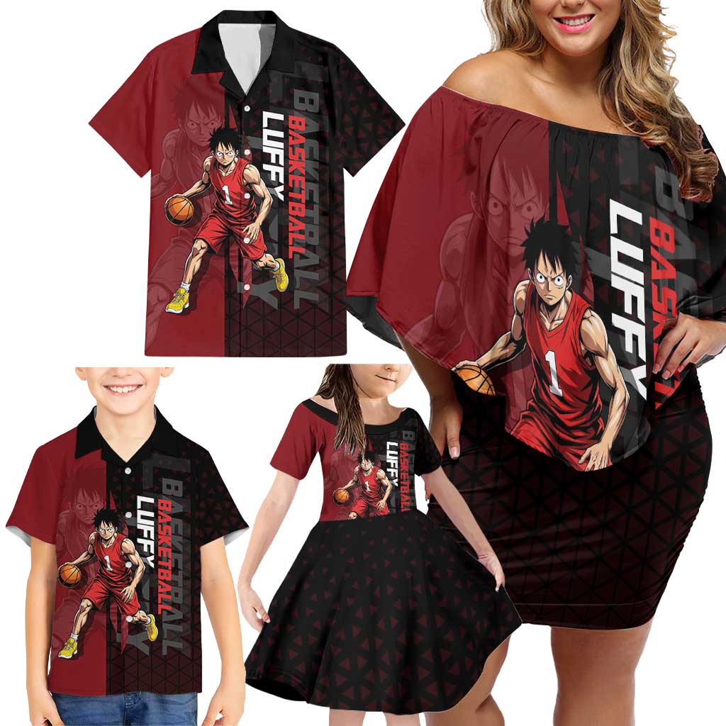 Luffy One Piece Basketball Theme Red and Black Design Family Matching Off Shoulder Short Dress and Hawaiian Shirt with Straw Hat Pirate Logo and Sports Pose