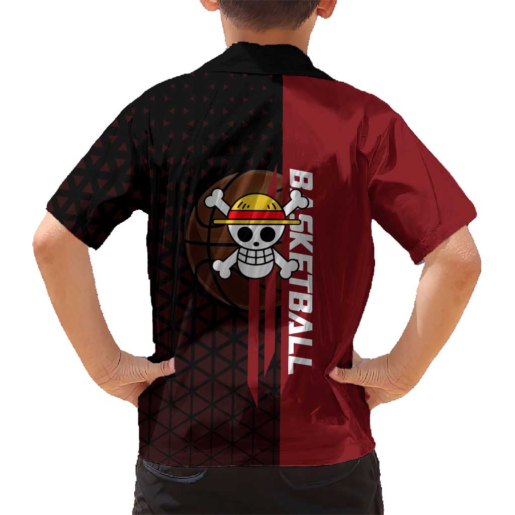 Luffy One Piece Basketball Theme Red and Black Design Family Matching Off Shoulder Short Dress and Hawaiian Shirt with Straw Hat Pirate Logo and Sports Pose