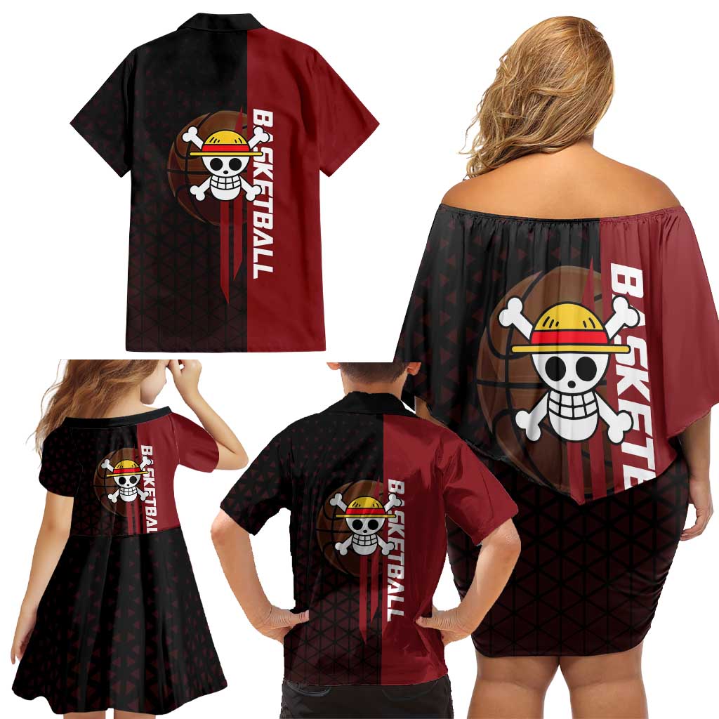 Luffy One Piece Basketball Theme Red and Black Design Family Matching Off Shoulder Short Dress and Hawaiian Shirt with Straw Hat Pirate Logo and Sports Pose