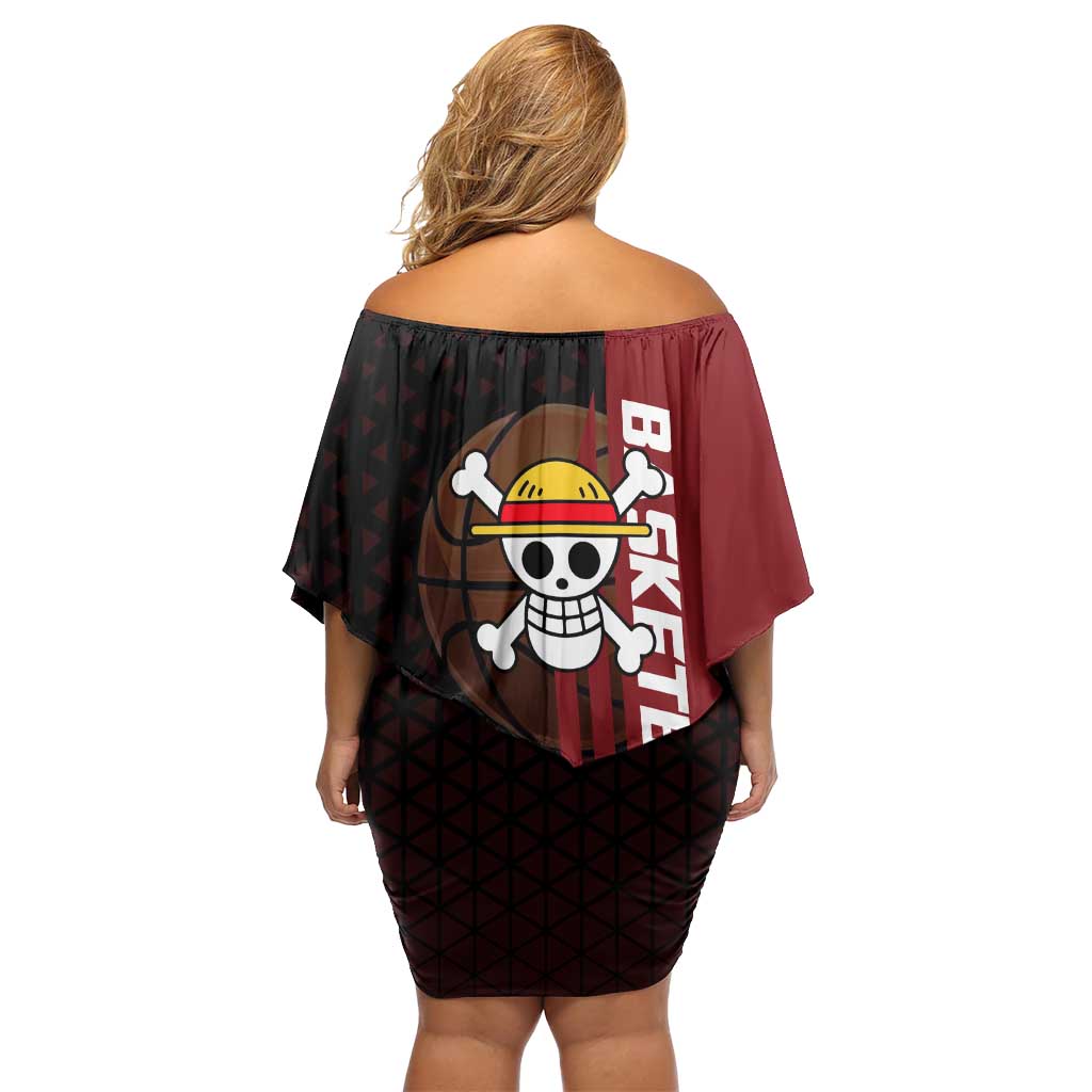 Luffy One Piece Basketball Theme Red and Black Design Family Matching Off Shoulder Short Dress and Hawaiian Shirt with Straw Hat Pirate Logo and Sports Pose