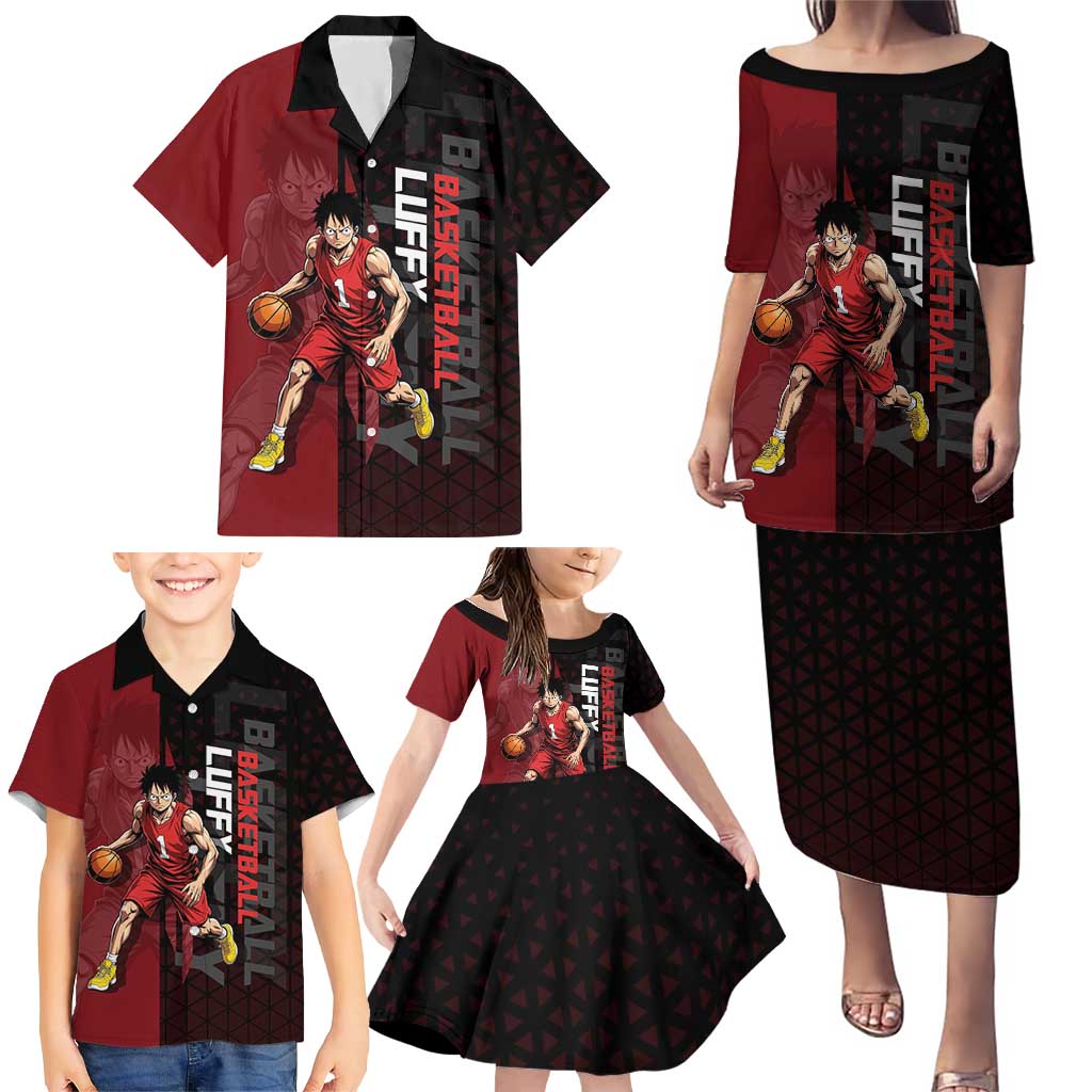 Luffy One Piece Basketball Theme Red and Black Design Family Matching Puletasi and Hawaiian Shirt with Straw Hat Pirate Logo and Sports Pose