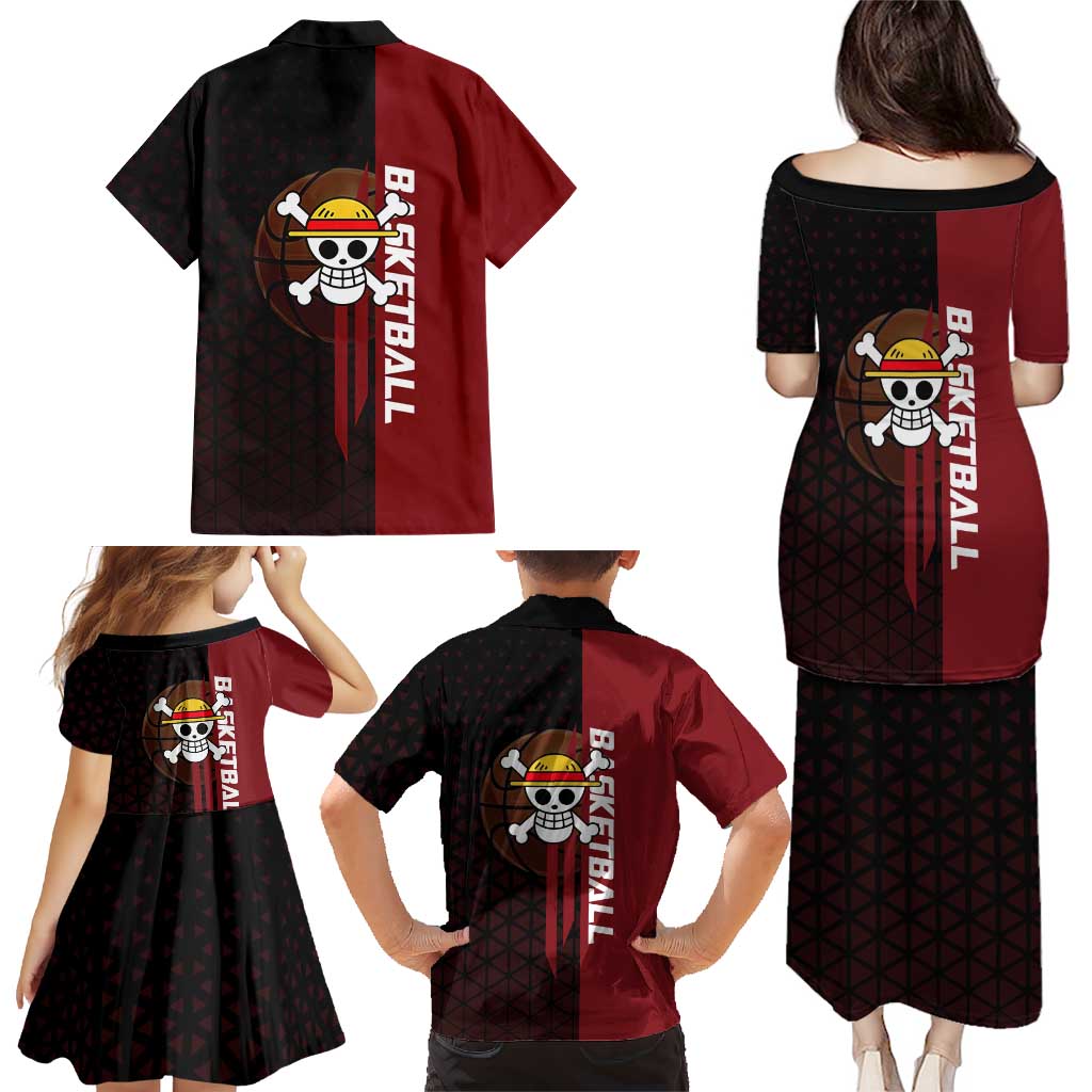 Luffy One Piece Basketball Theme Red and Black Design Family Matching Puletasi and Hawaiian Shirt with Straw Hat Pirate Logo and Sports Pose