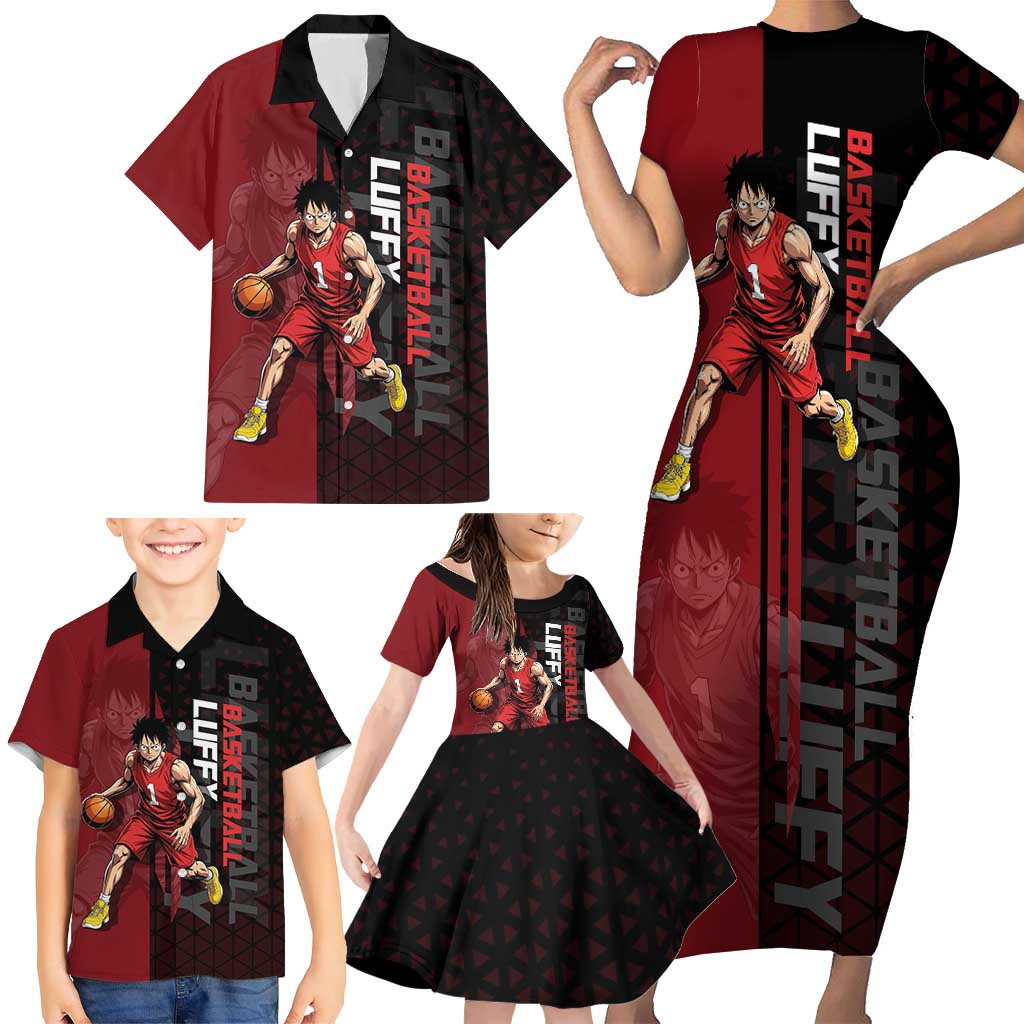 Luffy One Piece Basketball Theme Red and Black Design Family Matching Short Sleeve Bodycon Dress and Hawaiian Shirt with Straw Hat Pirate Logo and Sports Pose