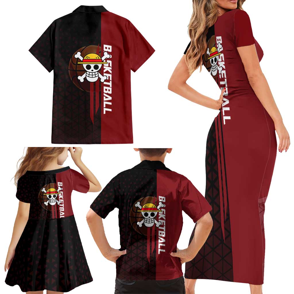 Luffy One Piece Basketball Theme Red and Black Design Family Matching Short Sleeve Bodycon Dress and Hawaiian Shirt with Straw Hat Pirate Logo and Sports Pose